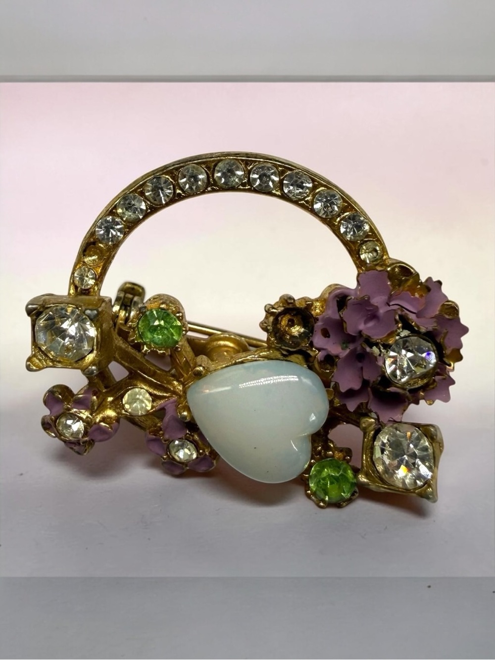 Circle Wreath Enamel Flower Opalescent Heart Rhinestone Pin Brooch As Is 1960s